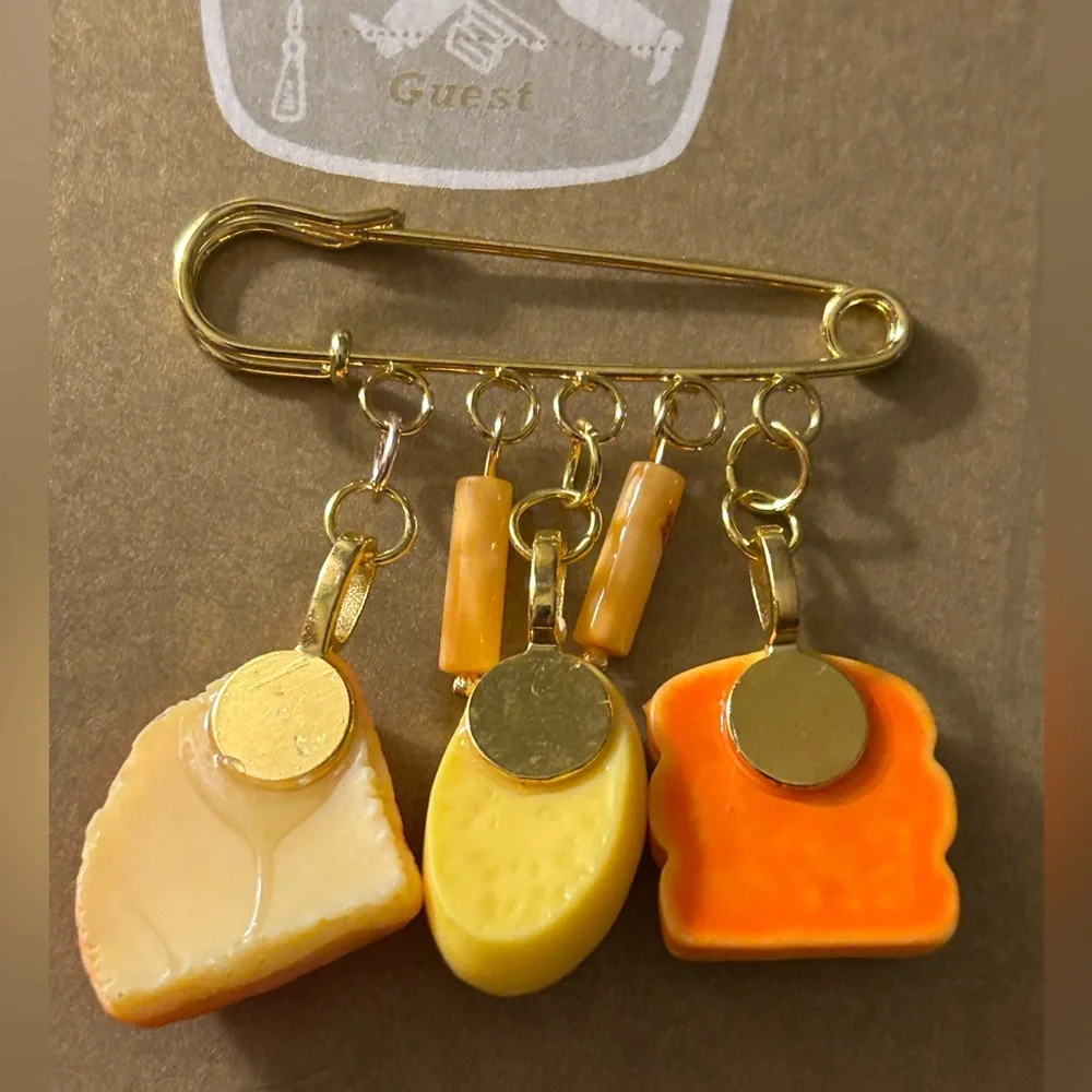 NWOT Safety Pin Brooch:“Brunch” Charms 🍓waffles, Eggs over easy🍳, roll, utensils